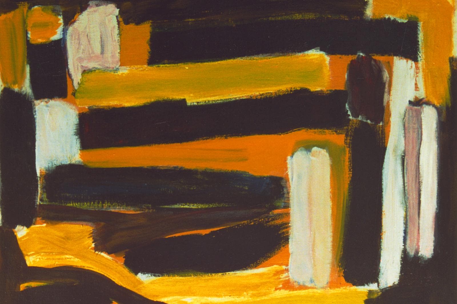 Abstract acrylic painting of bold horizontal bands in black, ochre, orange and white with visible brushstrokes, by Fons Heijnsbroek