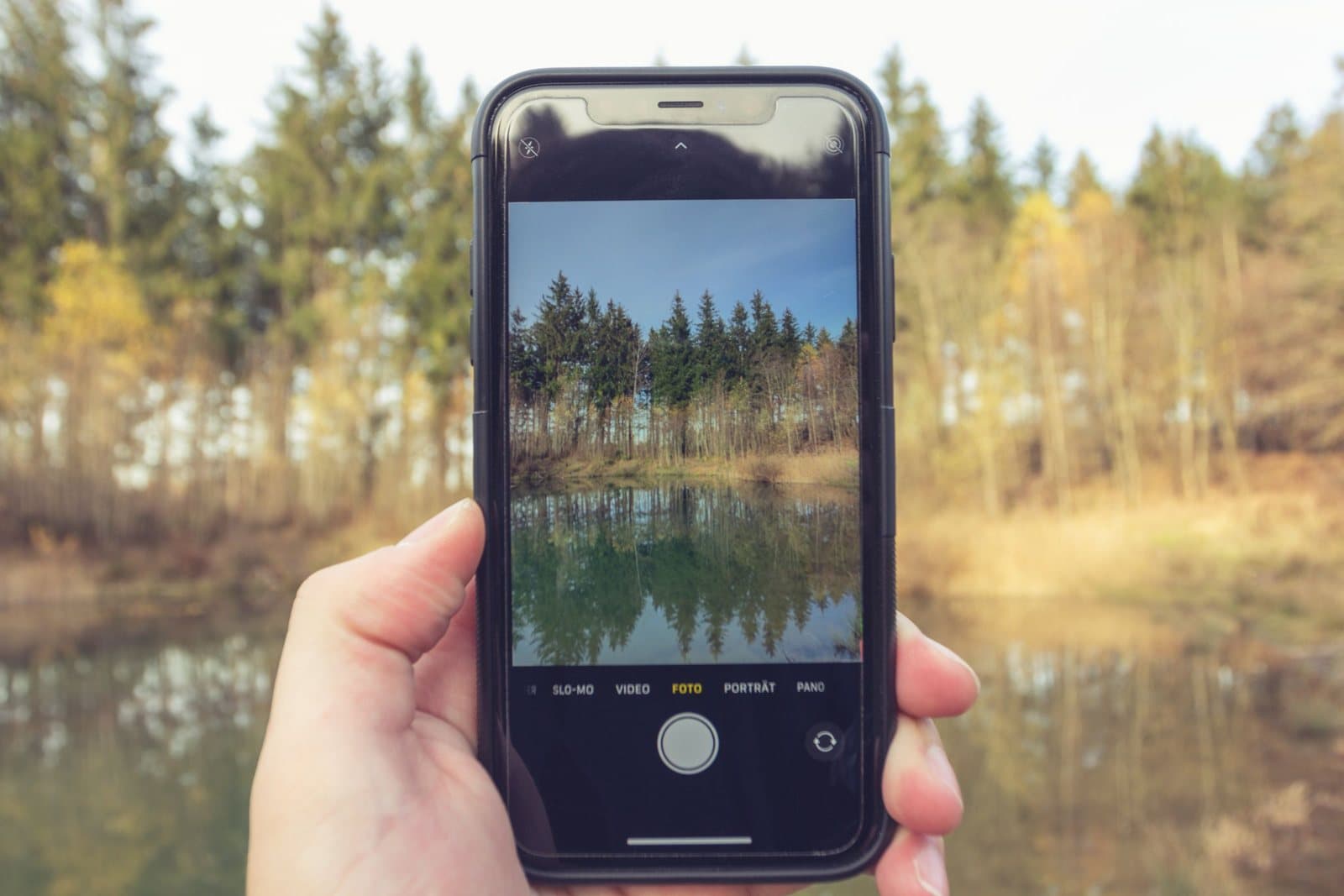 Hands holding a smartphone to photograph a forest lake, the camera view filling the phone screen.