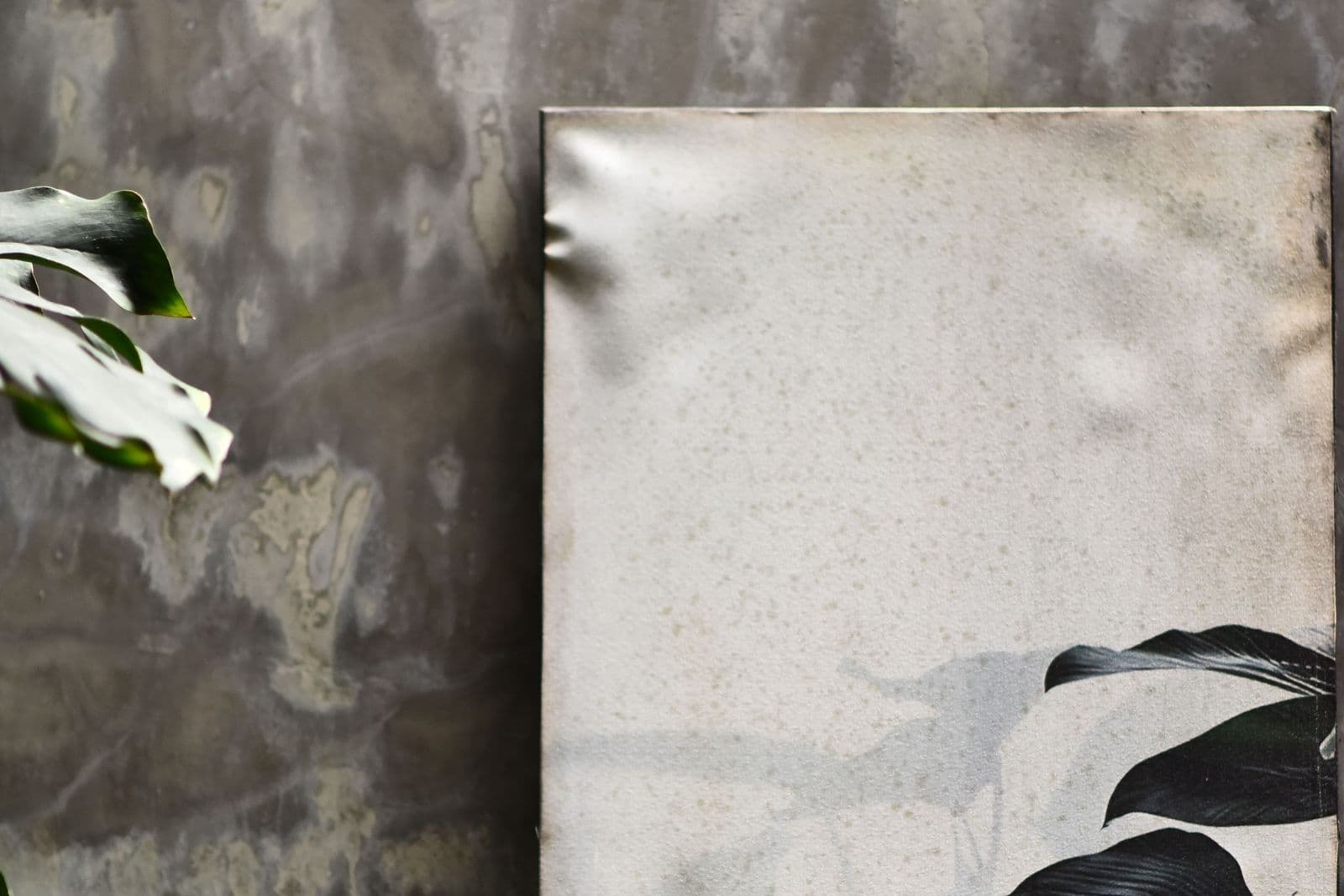 Close-up of a gallery-wrapped canvas print with a soft botanical design leaning against a mottled grey concrete wall, its wrapped edges and canvas surface visible beside a monstera leaf.